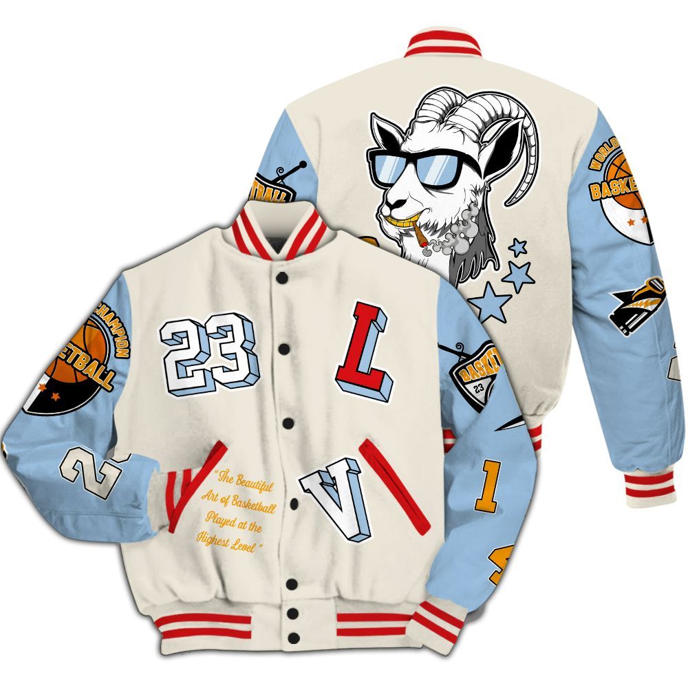 Varsity Jacket To Match Retro High OG Pale Ivory Psychic Blue 1s - The GOAT Got Em All Over Print