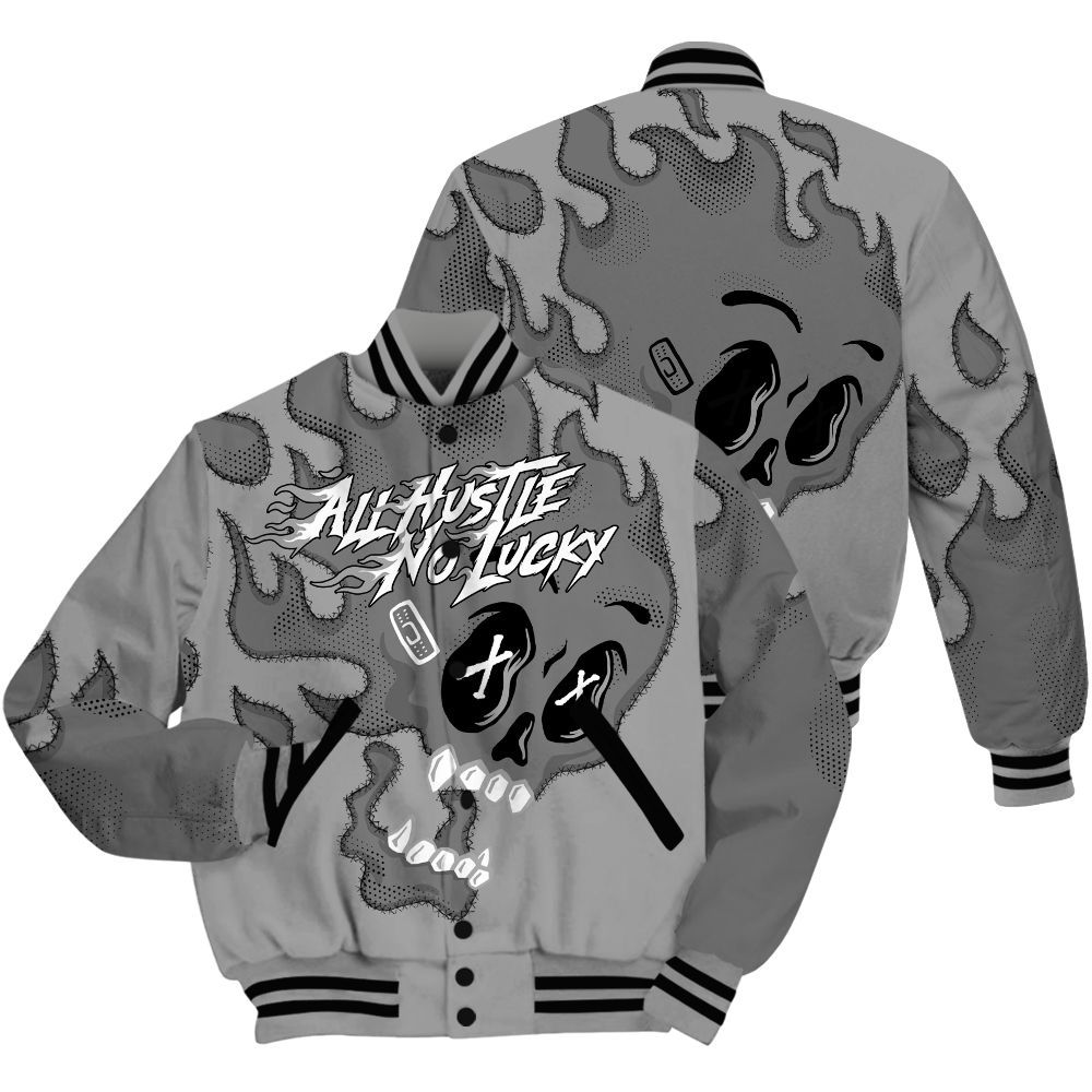 Varsity Jacket To Match Black Wolf Grey 12s Shirt, All Hustle No Lucky Skull All Over Print