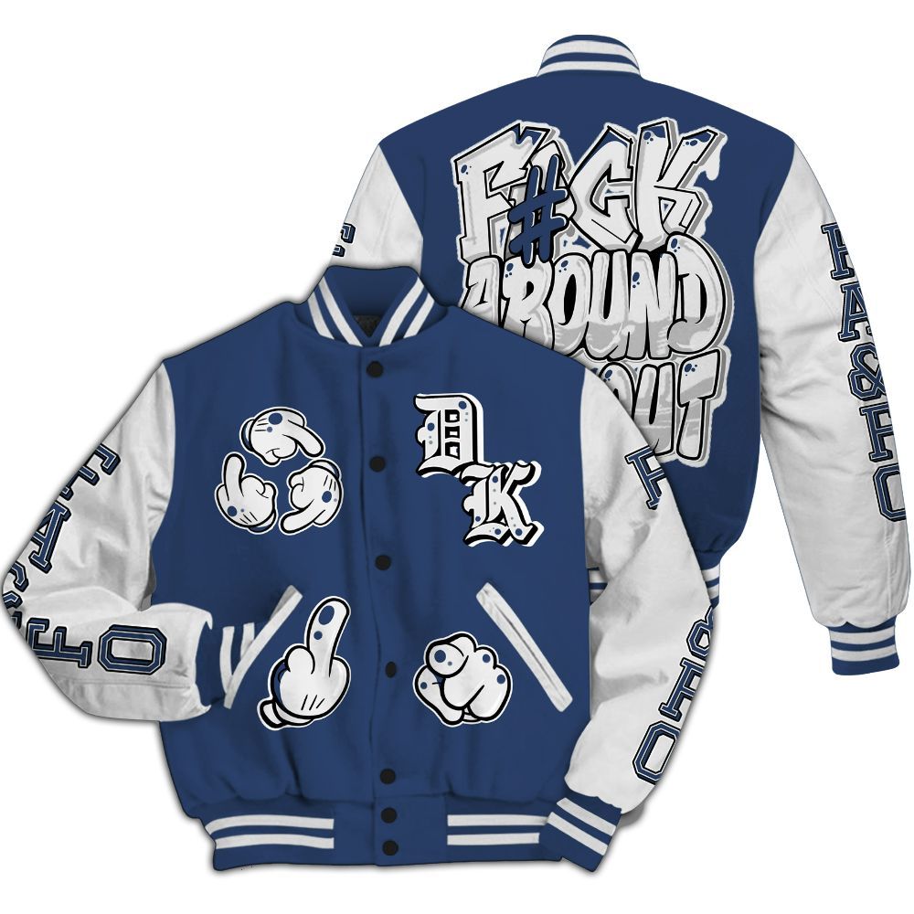 Varsity Jacket To Match Low 85 Metallic Blue 1s - F Around Find Out Graphic All Over Print