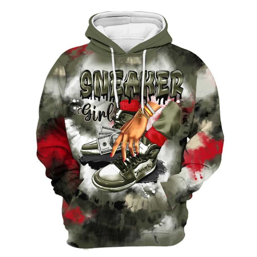 Hoodie To Match Travis Scott Low OG Medium Olive 1s - SNEAKER Girl Money Drip Tie Dye All Over Print