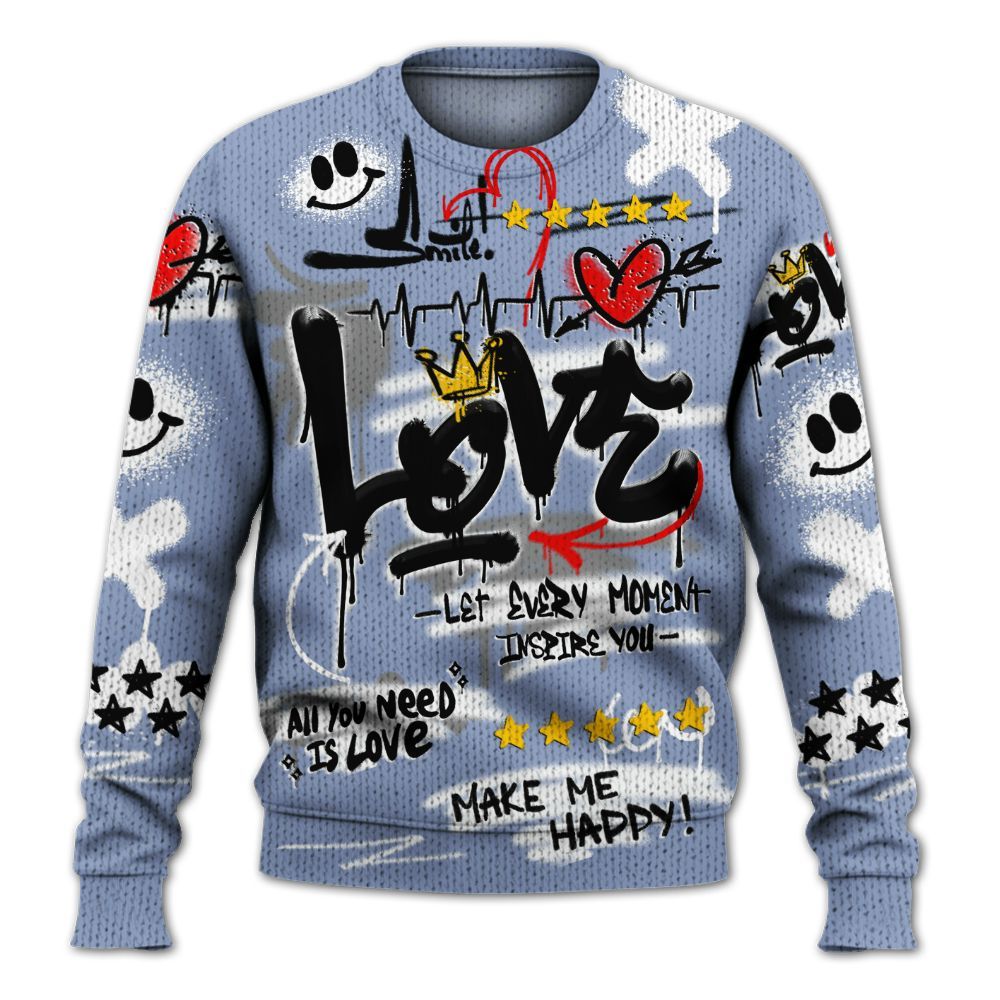 Knitted Sweater To Match Retro Blue Grey 13s - Happy Love Beats Graffiti Streetwear