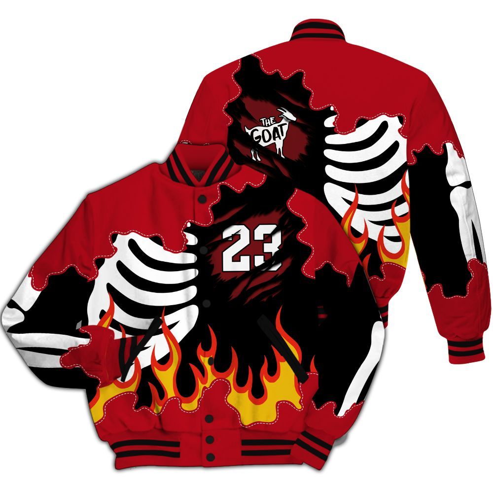 Varsity Jacket To Match Bred Velvet 11s - Burning Skeleton 23 G.O.A.T All Over Print