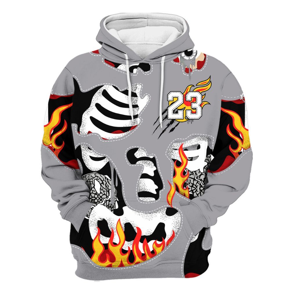 Hoodie To Match Cement Grey 3s - Skeleton Smile Flame Drip All Over Print