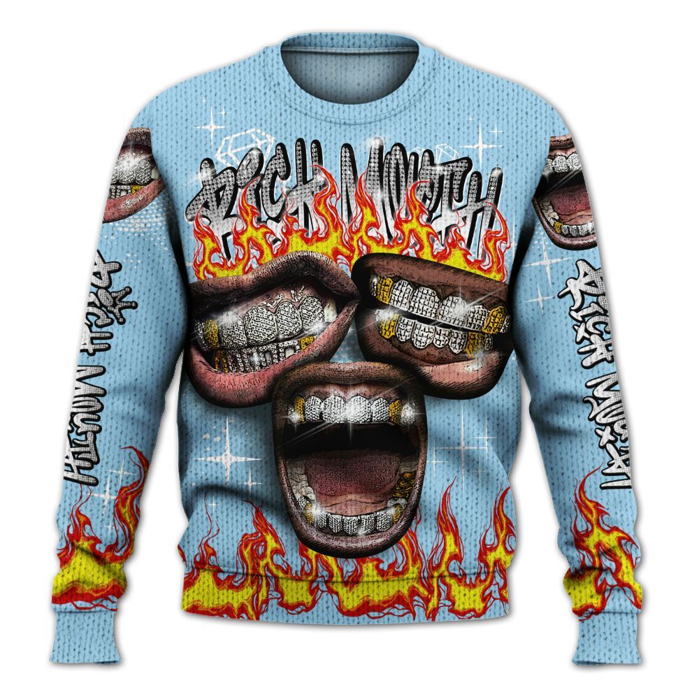 Knitted Sweater To Match Legend Blue 11s - Rich Mouth Fire Rap Retro 90s