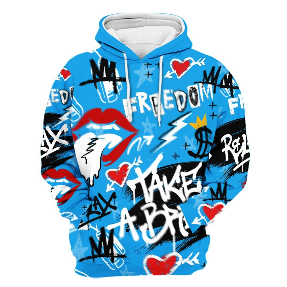 Hoodie To Match Black University Blue 2022 13s - Take Break Freedom Graffiti Streetwear All Over Print