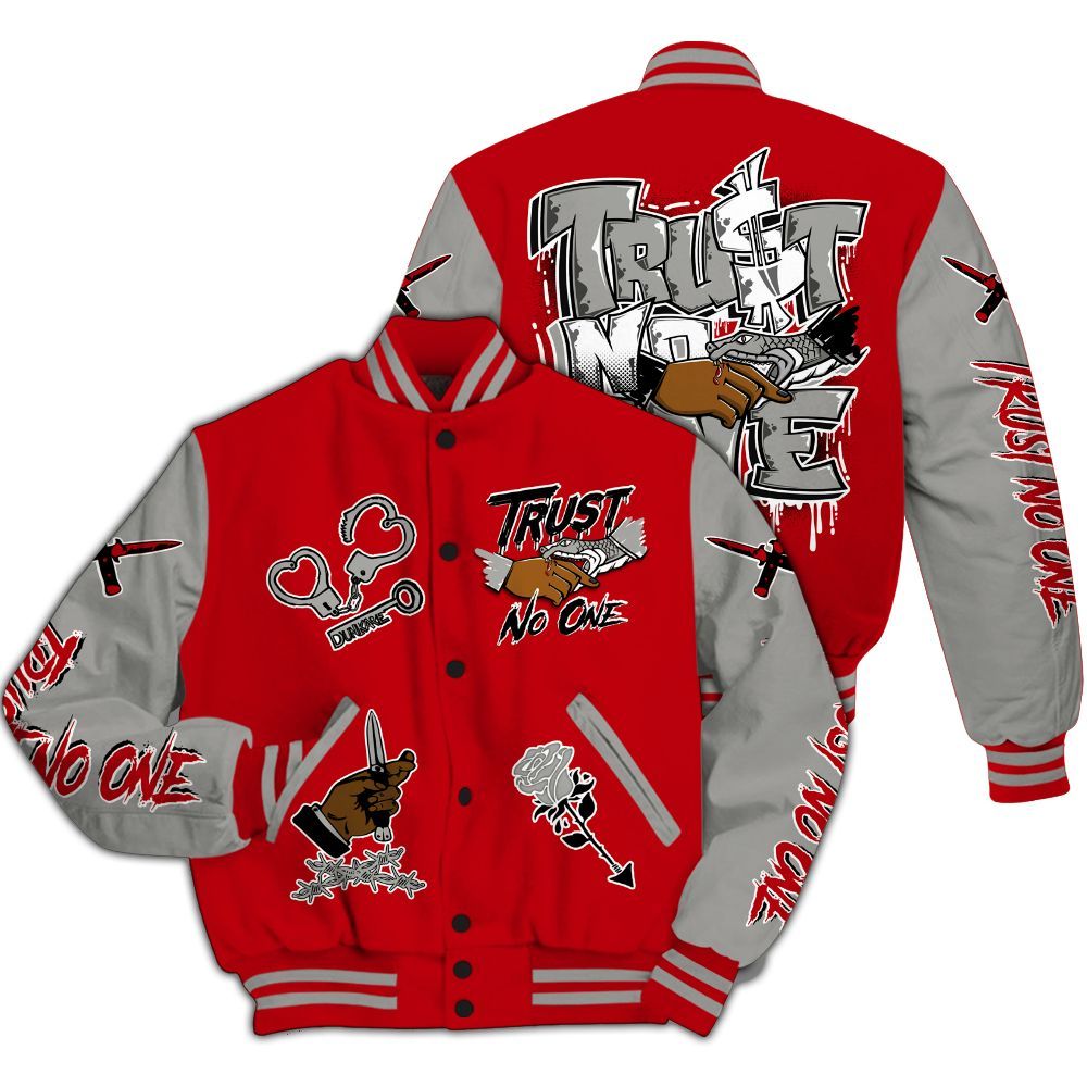 Varsity Jacket To Match Air Griffey Max Gray Reds 1s - Trust No One Dripping All Over Print