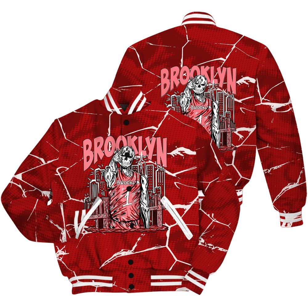 Varsity Jacket To Match Red Taxi 12s Shirt - Brooklyn's Skeleton Crack All Over Print