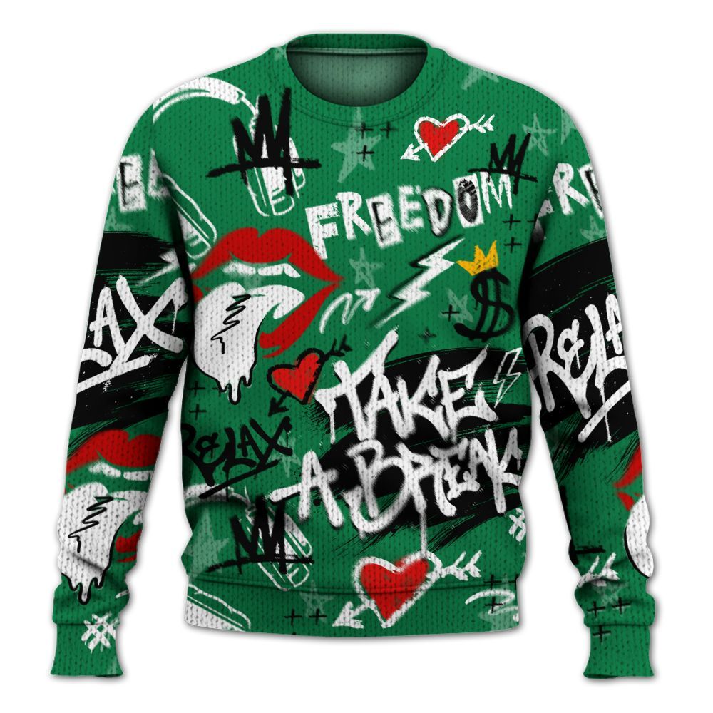 Knitted Sweater To Match Pine Green 13s - Take Break Freedom Graffiti Streetwear