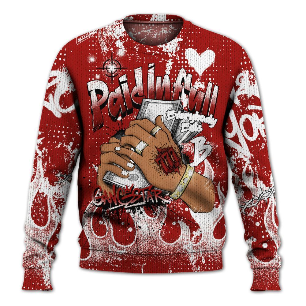 Knitted Sweater To Match High OG Varsity Red 1s - Lucky Money Paid In Full Graffiti