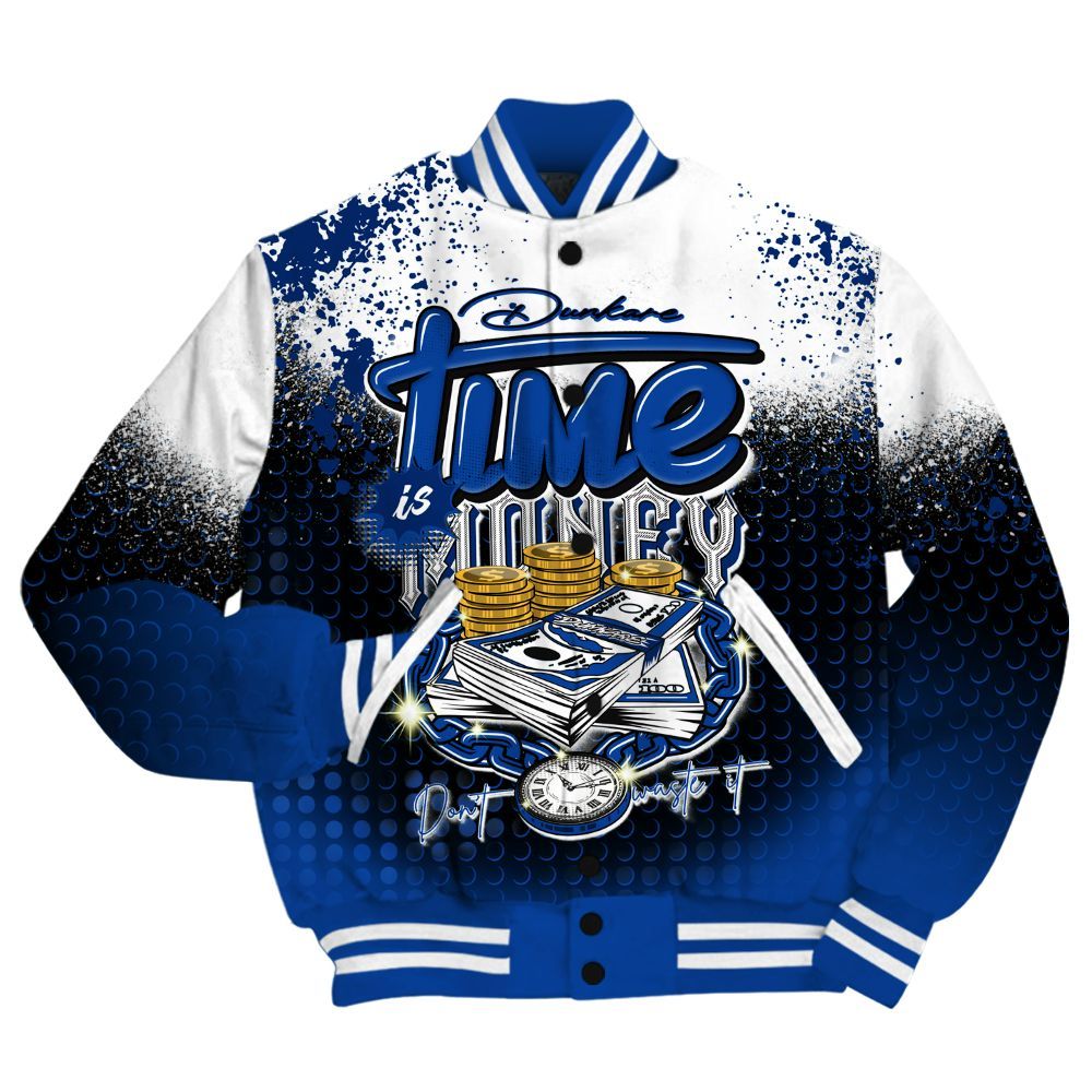 Varsity Jacket To Match Low Game Royal 1s Shirt, Halftone Time Is Money All Over Print