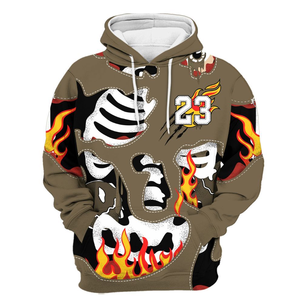 Hoodie To Match Olive 9s - Skeleton Smile Flame Drip All Over Print