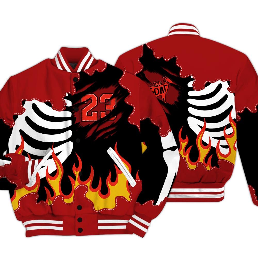 Varsity Jacket To Match Red Taxi 12s - Burning Skeleton 23 G.O.A.T Varsity Jacket Red Taxi 12s Outfit