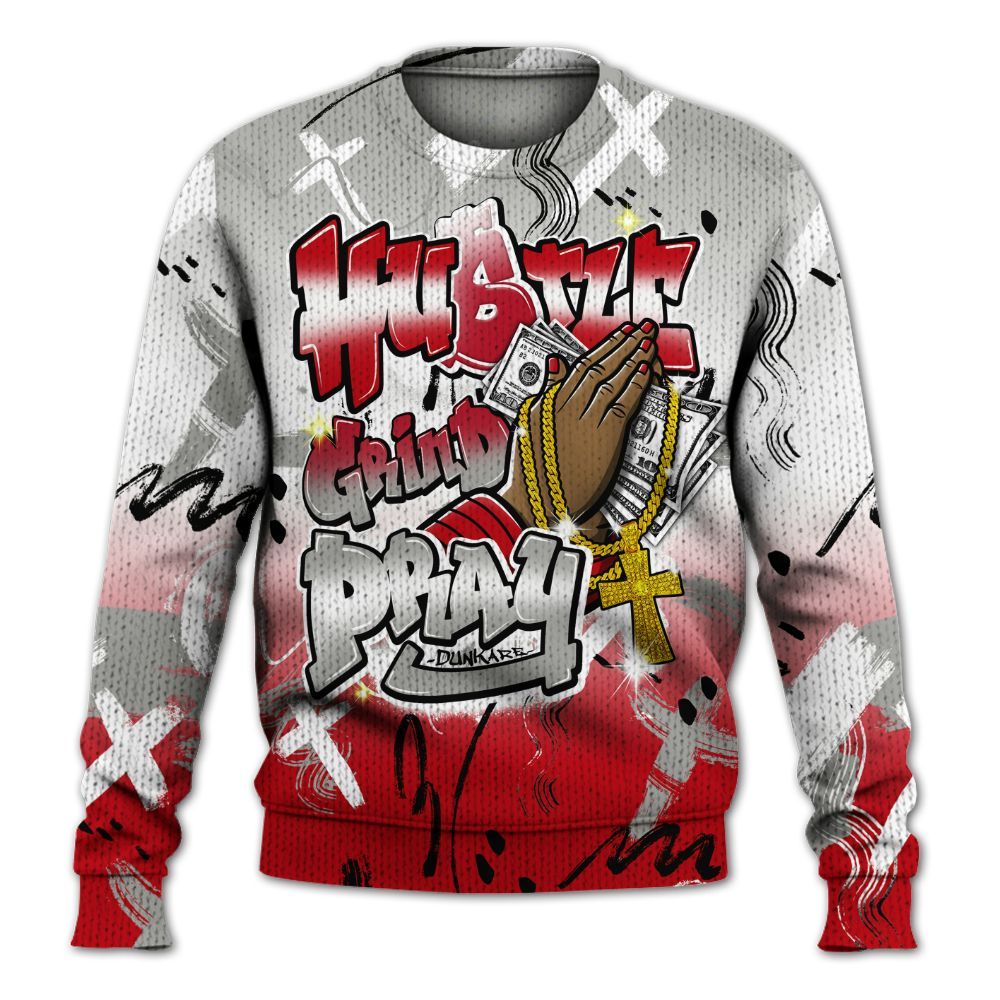 Knitted Sweater To Match Air Griffey Max Gray Reds 1s - Money Hustle Grind Pray