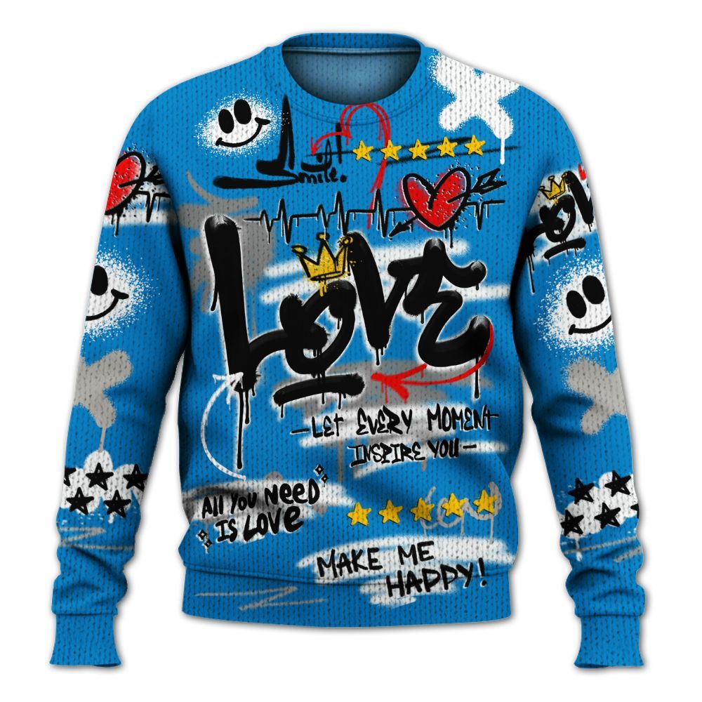 Knitted Sweater To Match Industrial Blue 4s - Happy Love Beats Graffiti Streetwear
