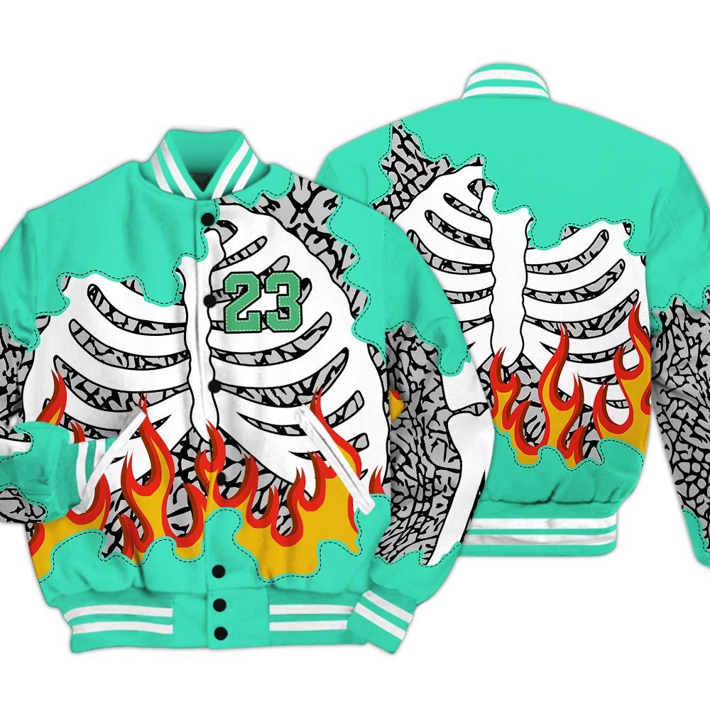 Varsity Jacket To Match Black Green Glow 3s - Number 23 Skeleton Flame Varsity Jacket Green Glow 3s Outfit
