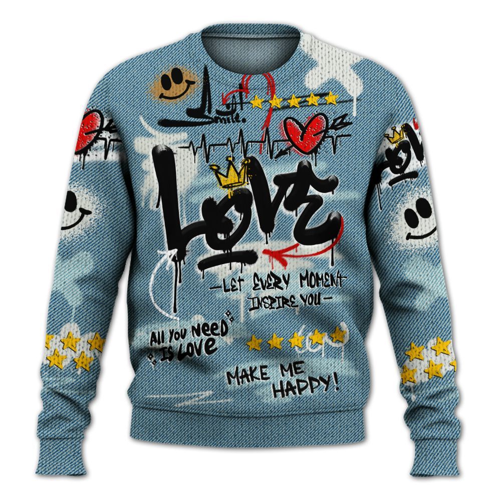 Sweater To Match Denim Worn Blue 2025 4s - Happy Love Beats Graffiti Streetwear Graphic