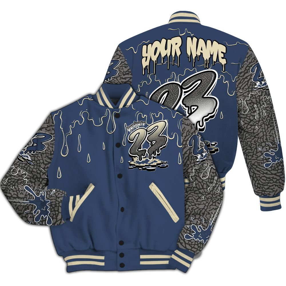Varsity Jacket To Match Diffused Blue 3s Shirt, Custom Name 23 Drip Sludges All Over Print