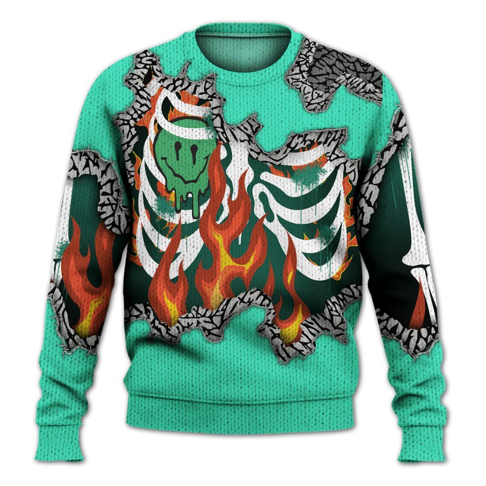 Knitted Sweater To Match Black Green Glow 3s - Skeleton On Fire Skrrt Green Glow 3s