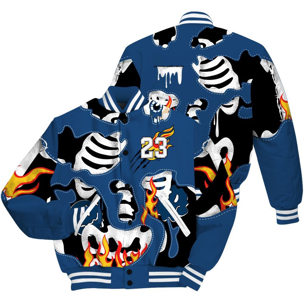 Varsity Jacket To Match High OG Midnight Navy 1s - Skeleton Smile Flame Drip All Over Print