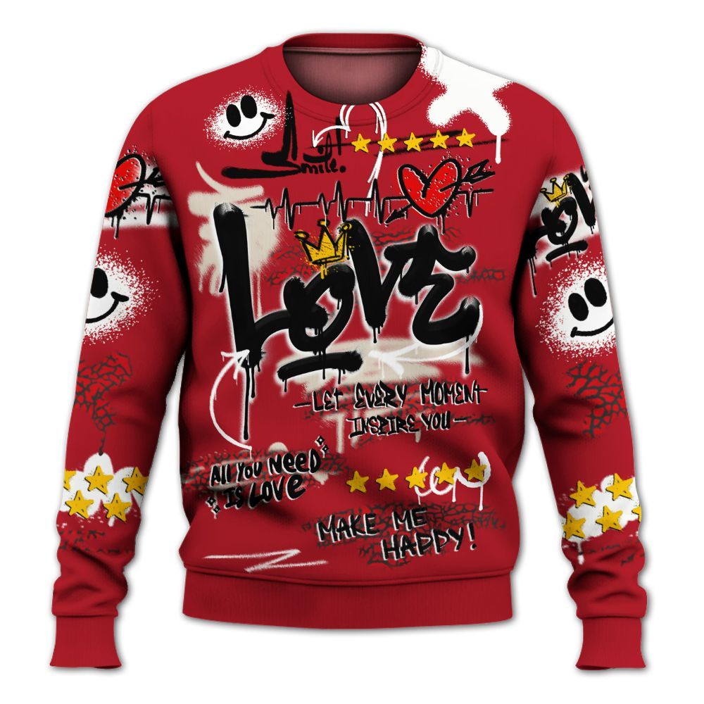 Sweatshirt To Match Mid Red Cracked Leather 1s - Happy Love Beats Graffiti All Over Print