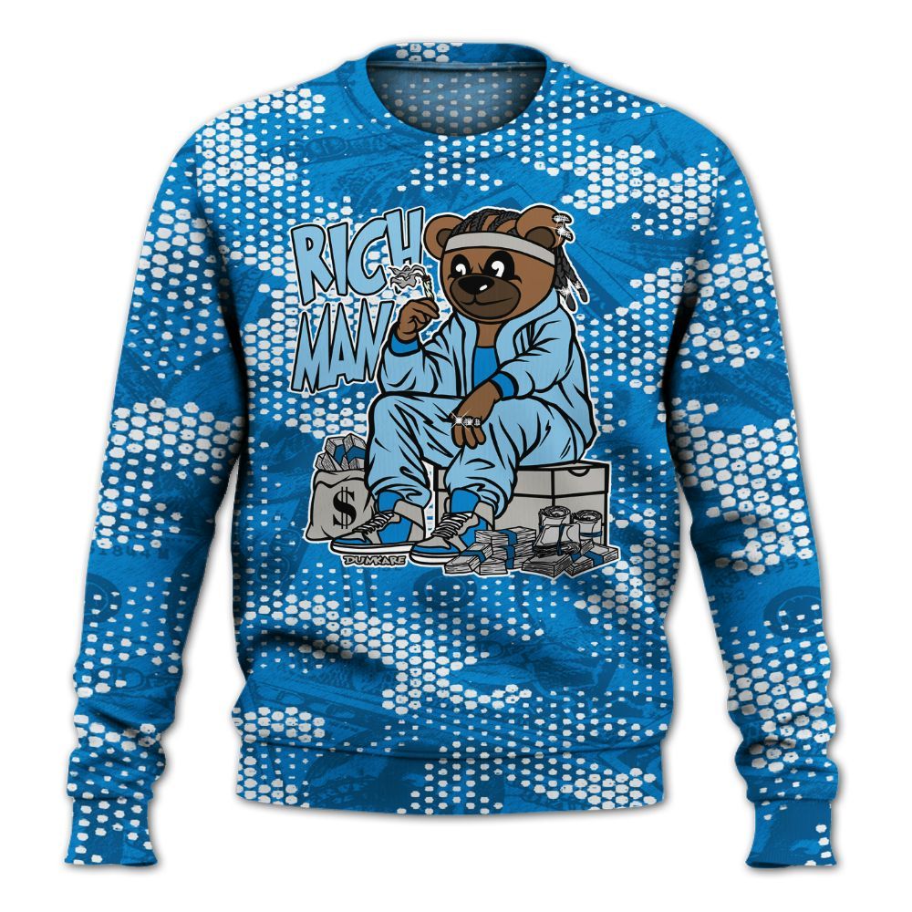 Sweatshirt To Match Industrial Blue 4s - Rich Man Bear Banknotes Art All Over Print
