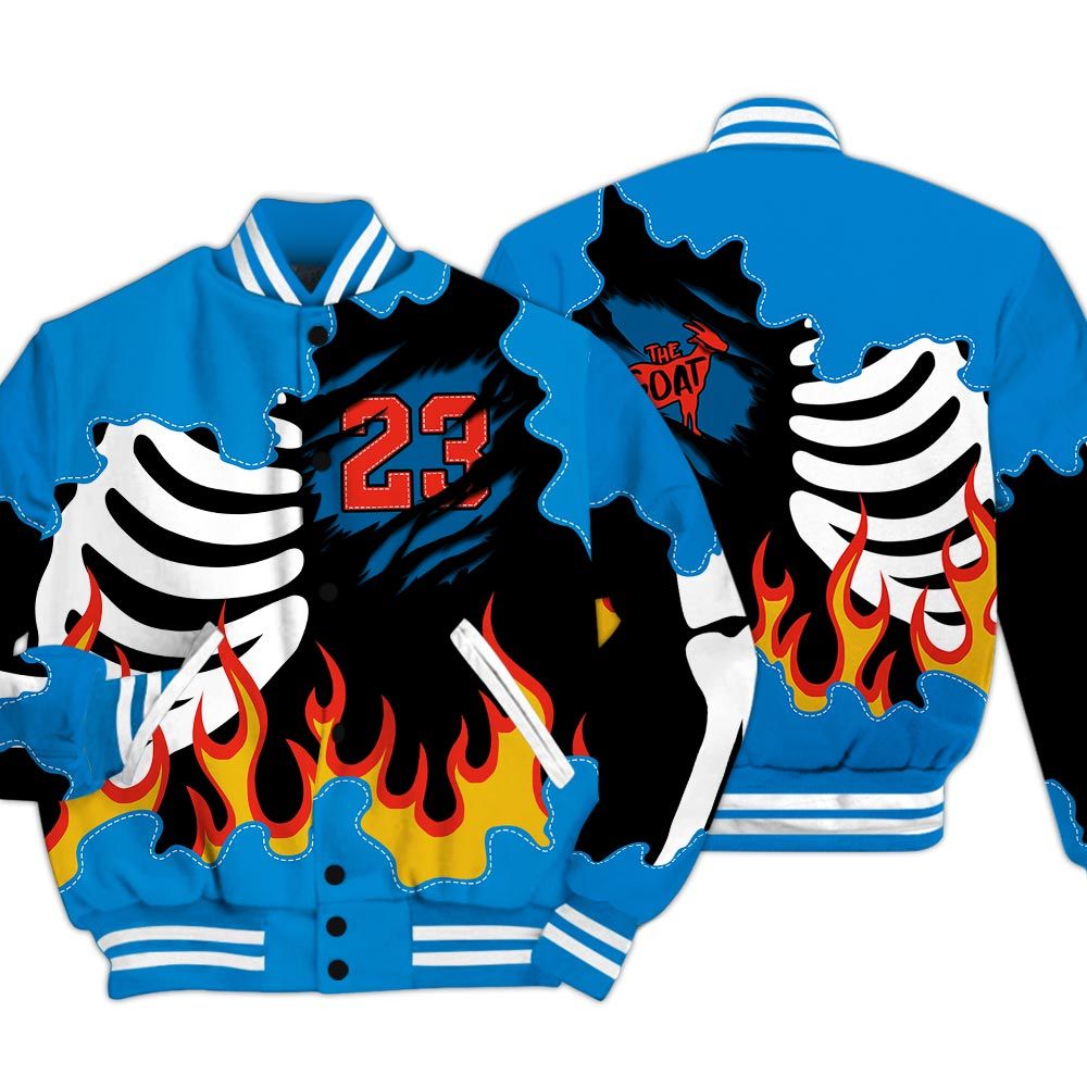 Varsity Jacket To Match Industrial Blue 4s - Burning Skeleton 23 G.O.A.T Varsity Jacket Military Blue 4s Outfit