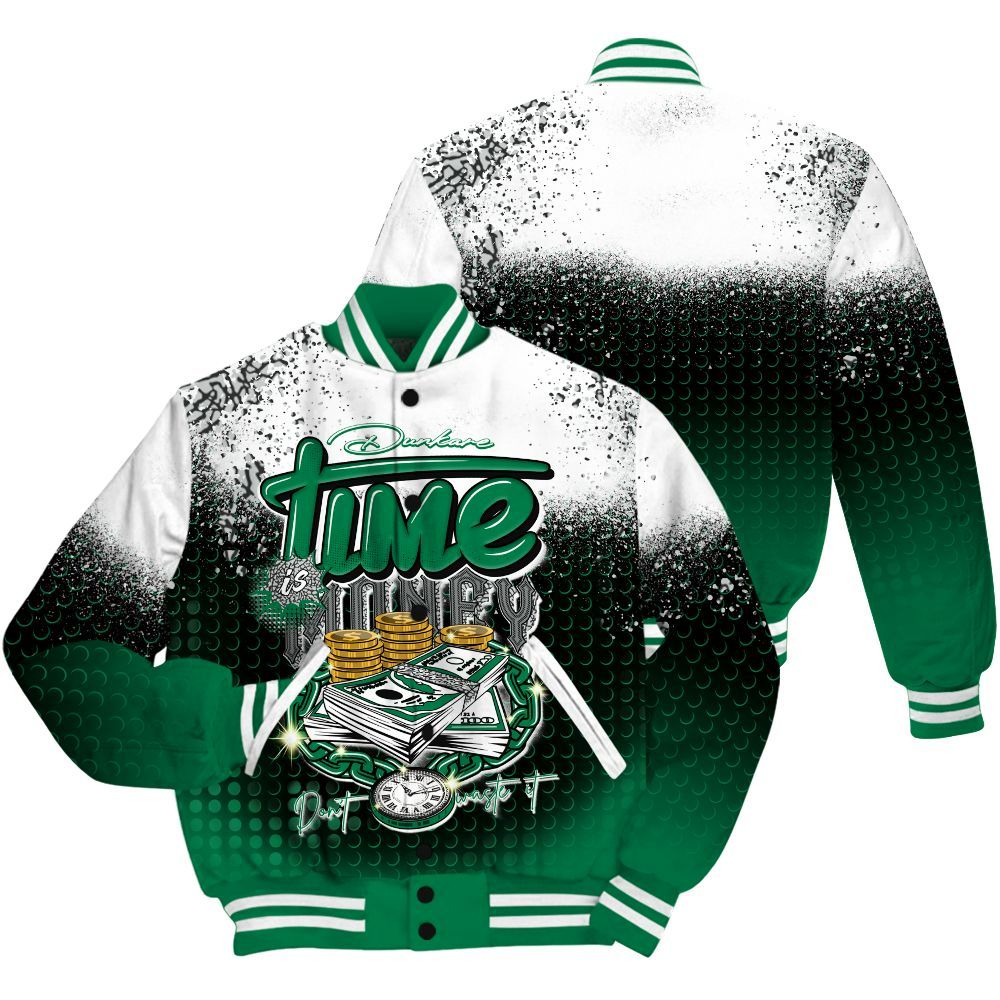 Varsity Jacket To Match Pine Green 3s Shirt, Halftone Time Is Money All Over Print