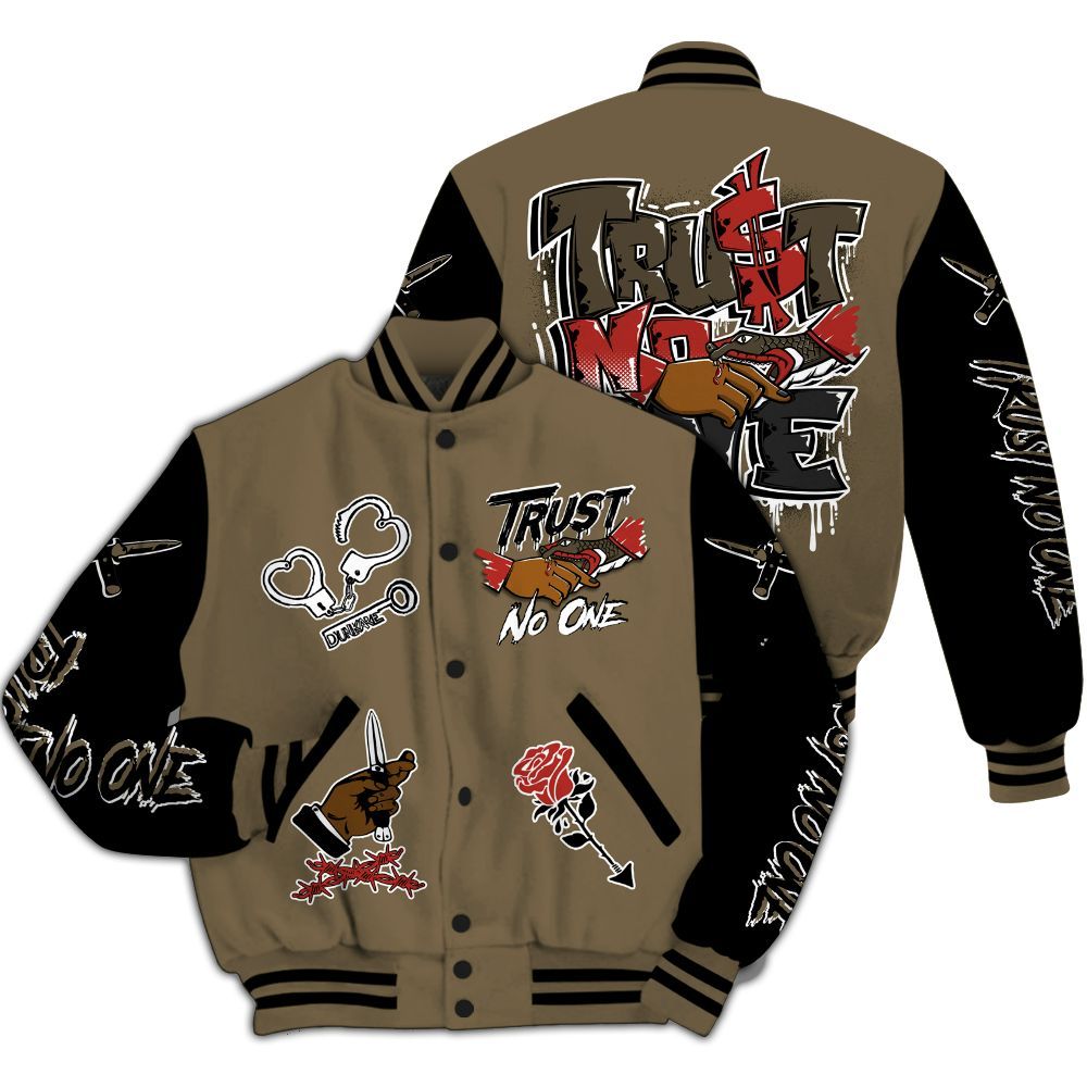 Varsity Jacket To Match Olive 9s - Trust No One Dripping All Over Print