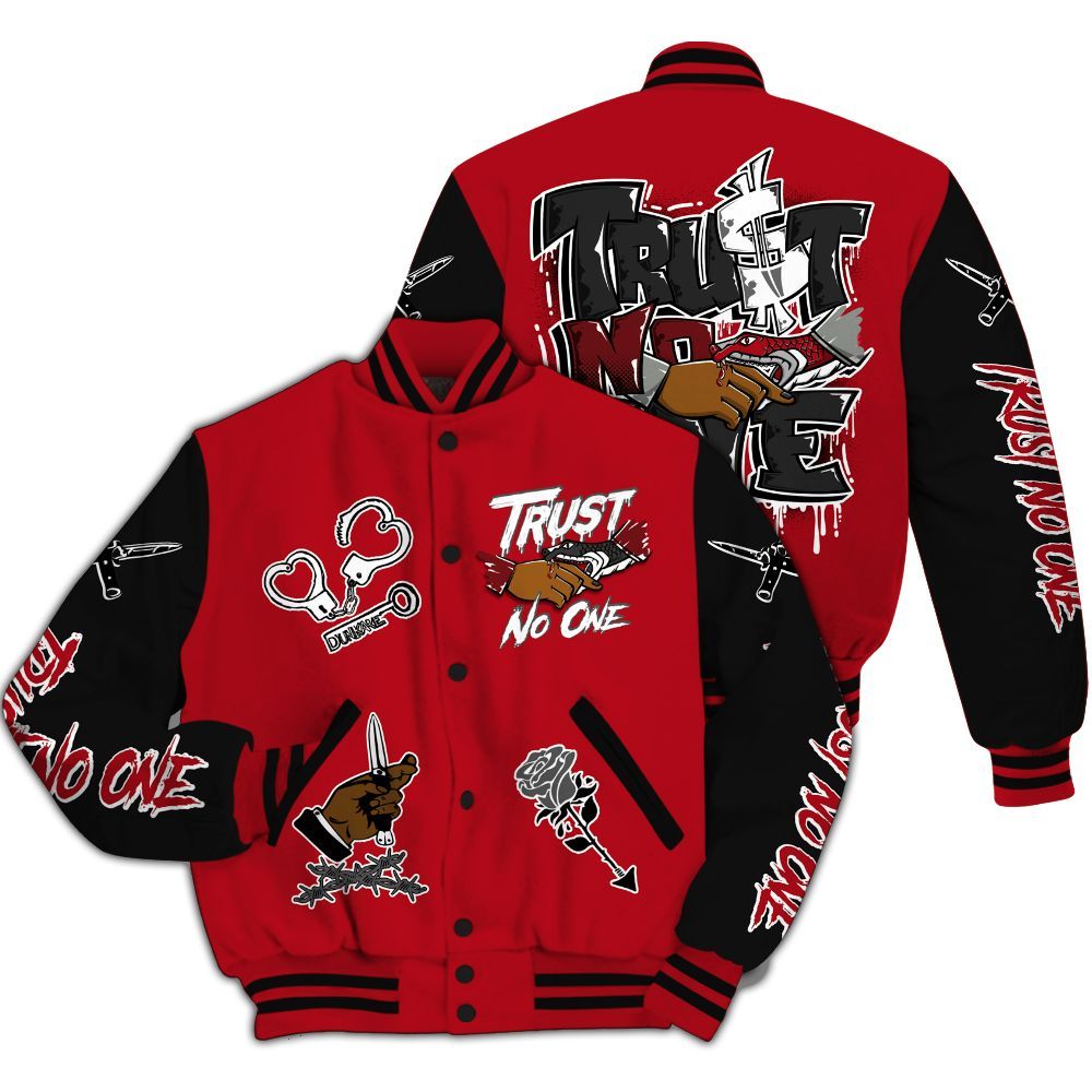 Varsity Jacket To Match Bred Velvet 11s - Trust No One Dripping All Over Print