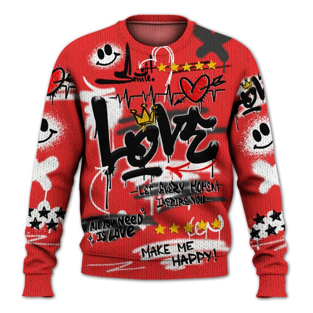 Knitted Sweater To Match Red Thunder 4s - Happy Love Beats Graffiti Streetwear