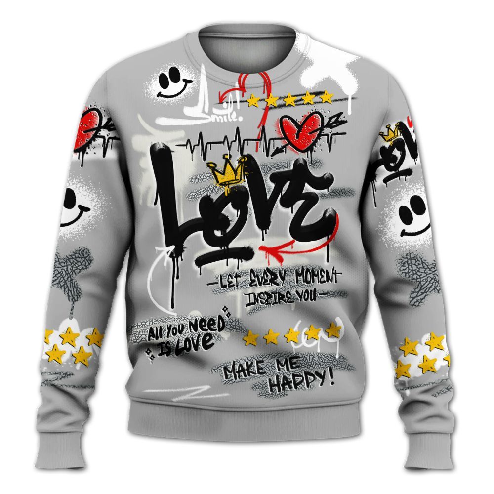 Sweatshirt To Match Cement Grey Silver 3s - Happy Love Beats Graffiti All Over Print