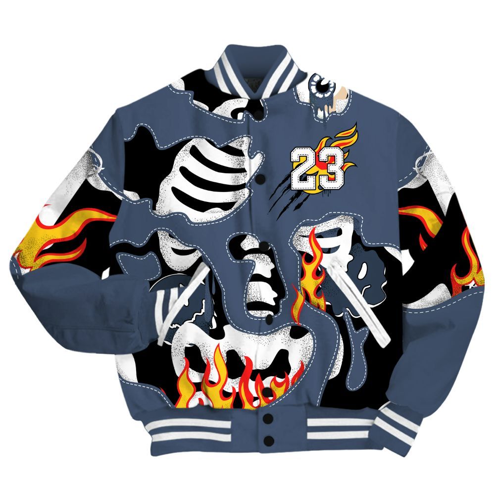 Varsity Jacket To Match Low Diffused Blue 11s - Skeleton Smile Flame Drip All Over Print