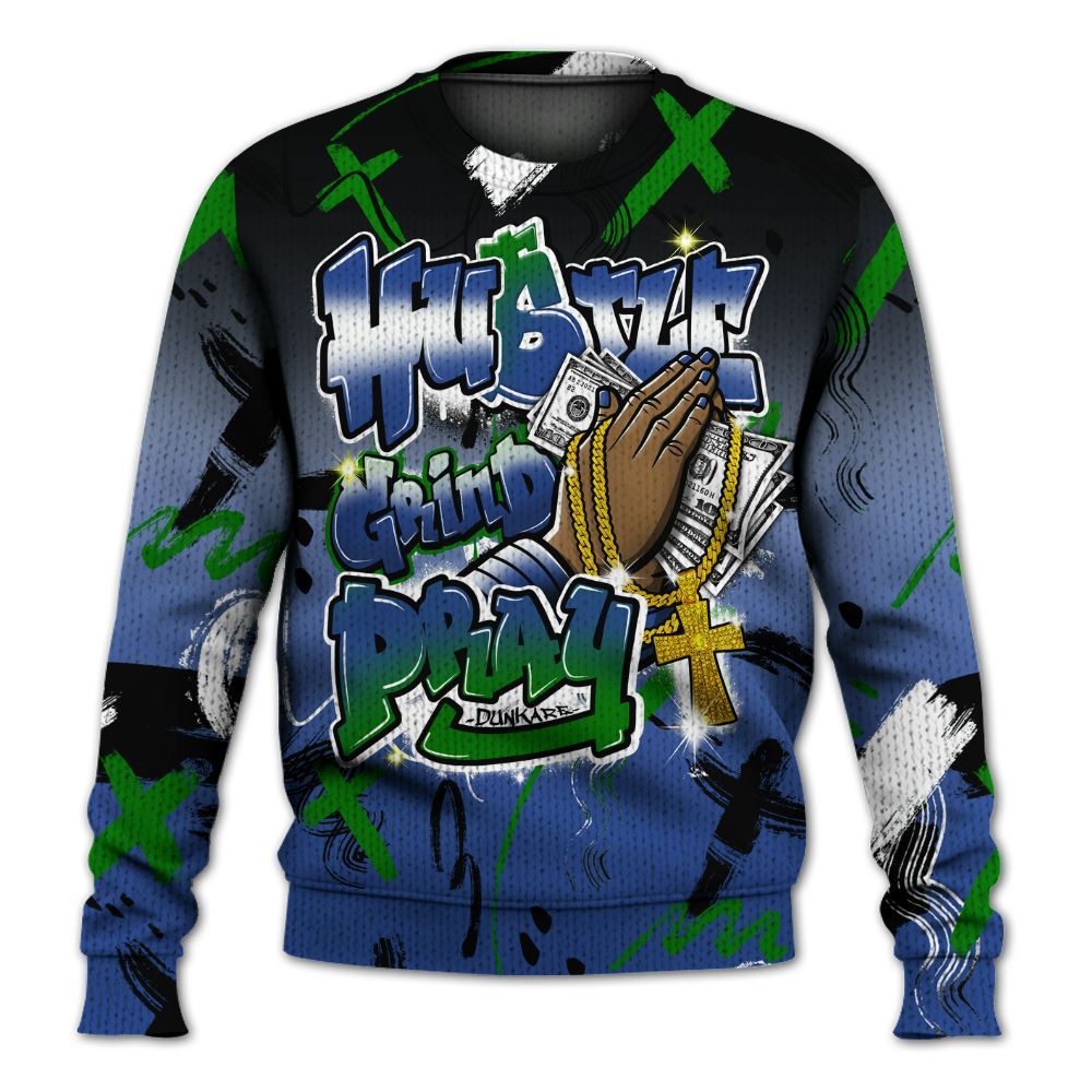 Knitted Sweater To Match Retro Hyper Royal 13s - Money Hustle Grind Pray