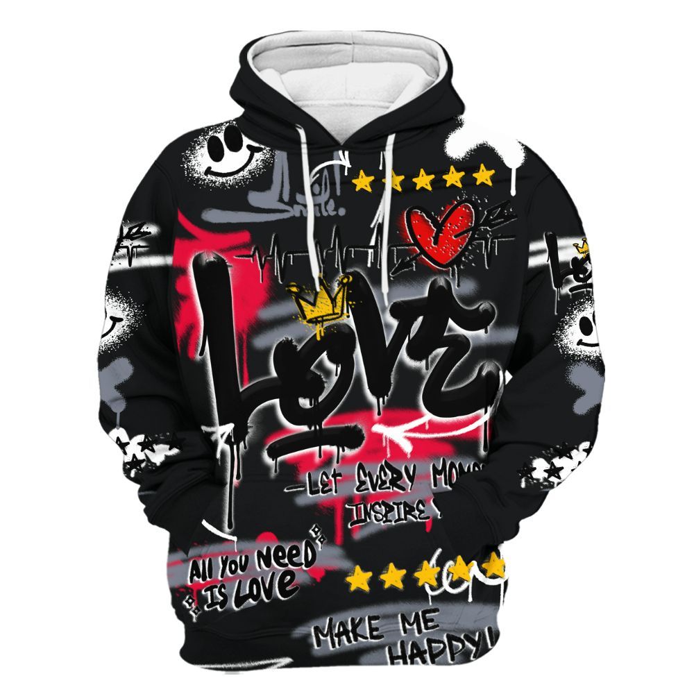 Hoodie To Match Mid Black Metallic 1s - Happy Love Beats Graffiti Streetwear All Over Print