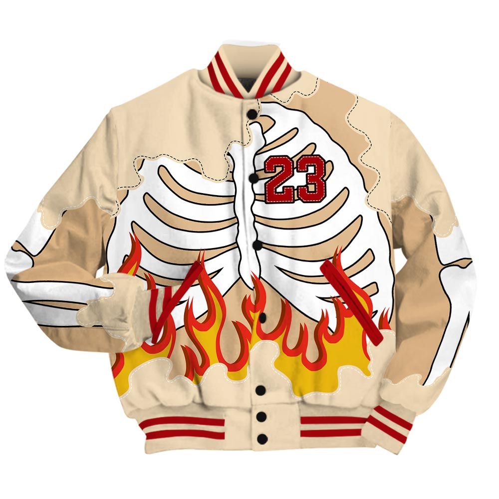 Varsity Jacket To Match Dunk Low Strawberry Waffle - Number 23 Skeleton Flame Baseball Varsity Jacket