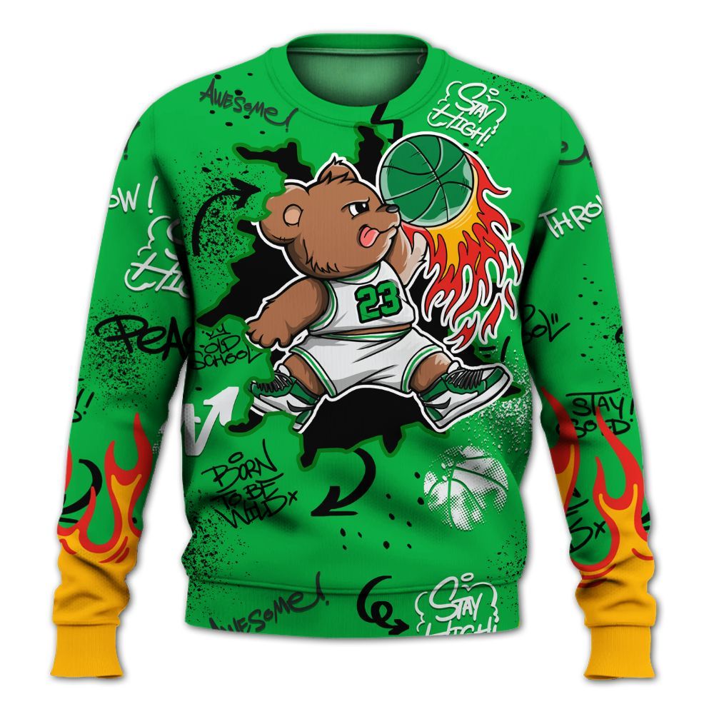 Sweatshirt To Match Lucky Green 5s - Number 23 Basketball Bear Custom Name All Over Print