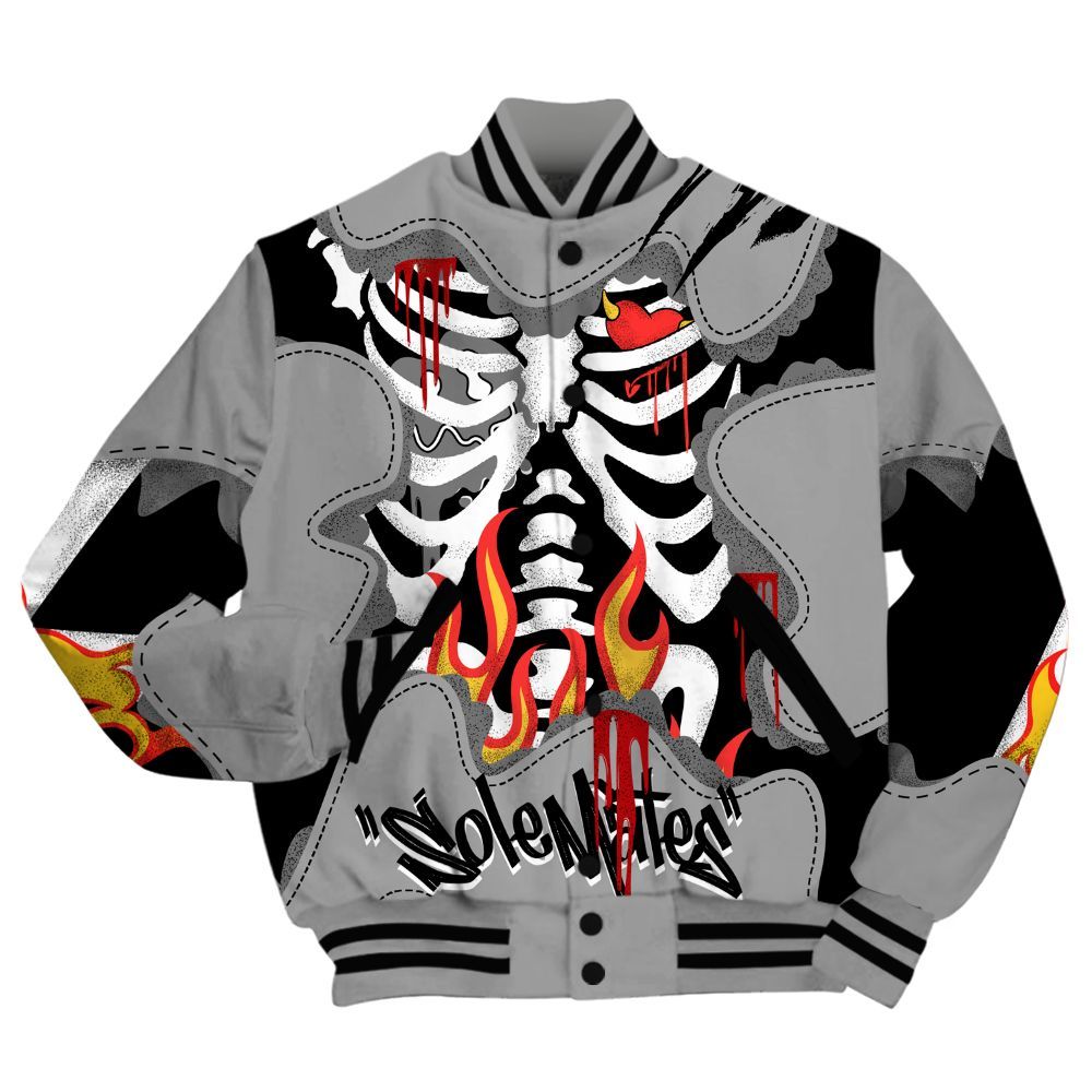 Varsity Jacket To Match Black Wolf Grey 12s - Skeleton Burning Heart Drip All Over Print