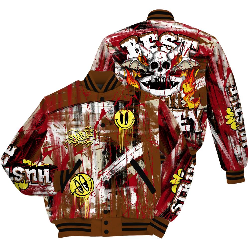 Varsity Jacket To Match Archaeo Brown 5s - Money Skull Smile Fire All Over Print