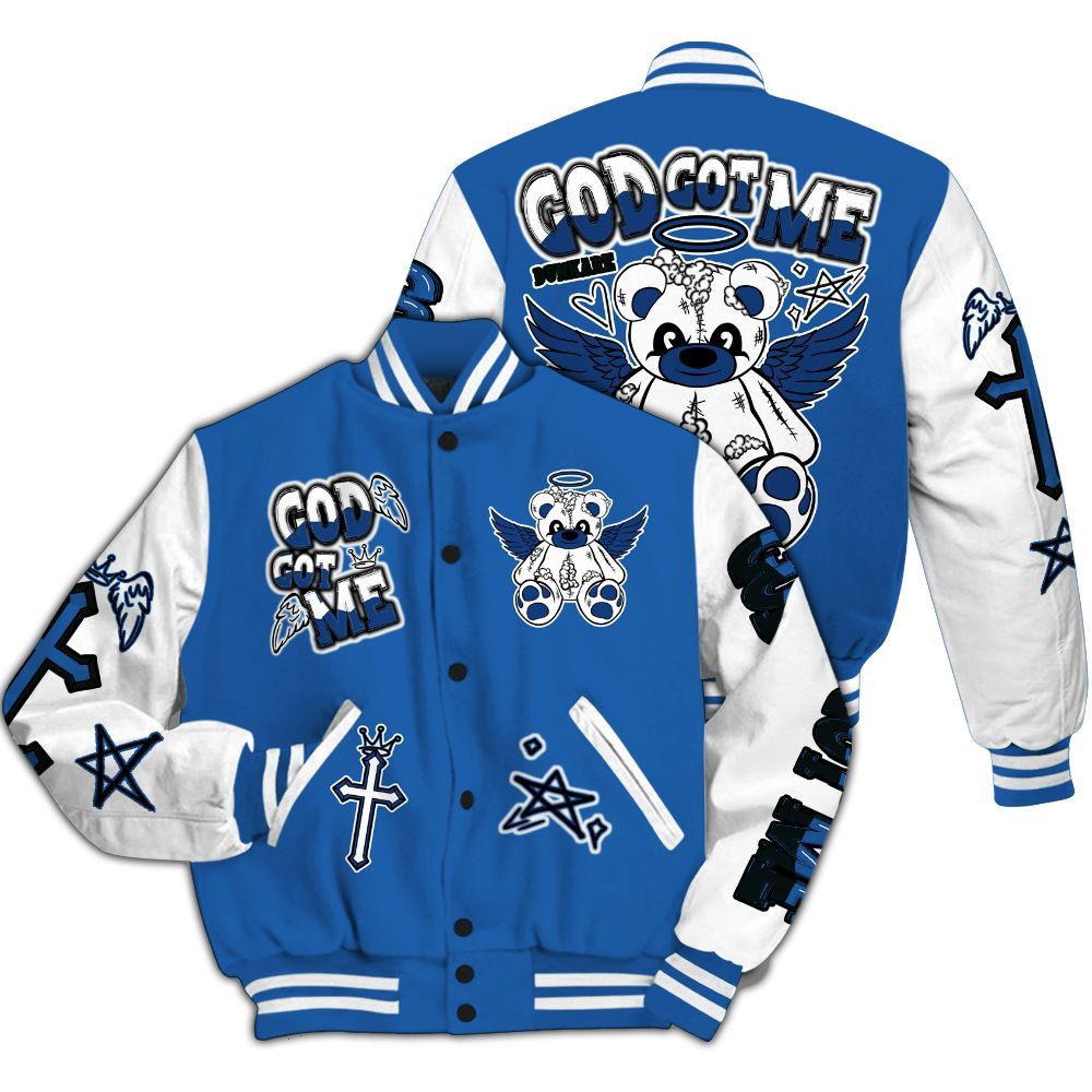 Varsity Jacket To Match Brave Blue 13s - Gods Guides Me Bear All Over Print