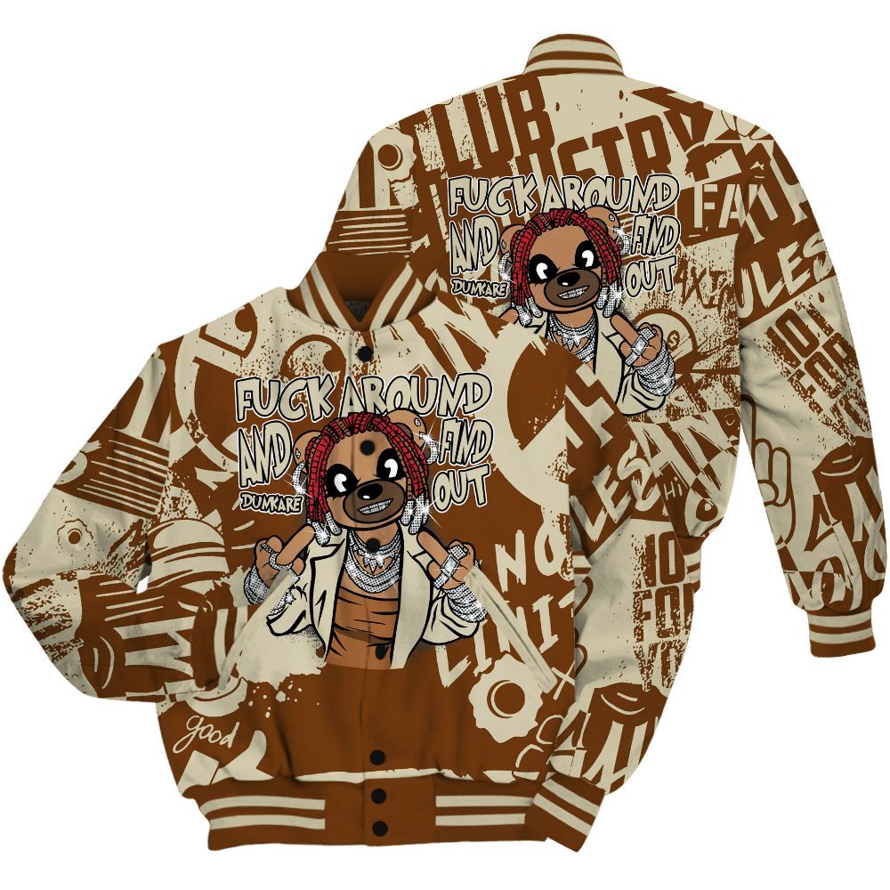 Varsity Jacket To Match Archaeo Brown 5s Shirt - F#ck Around Bear Bear Monogram Graffiti All Over Print