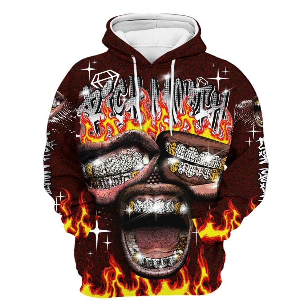 Hoodie To Match Air Force 1 Low Halloween Skull 2024 - Rich Mouth Fire Rap Retro 90s All Over Print