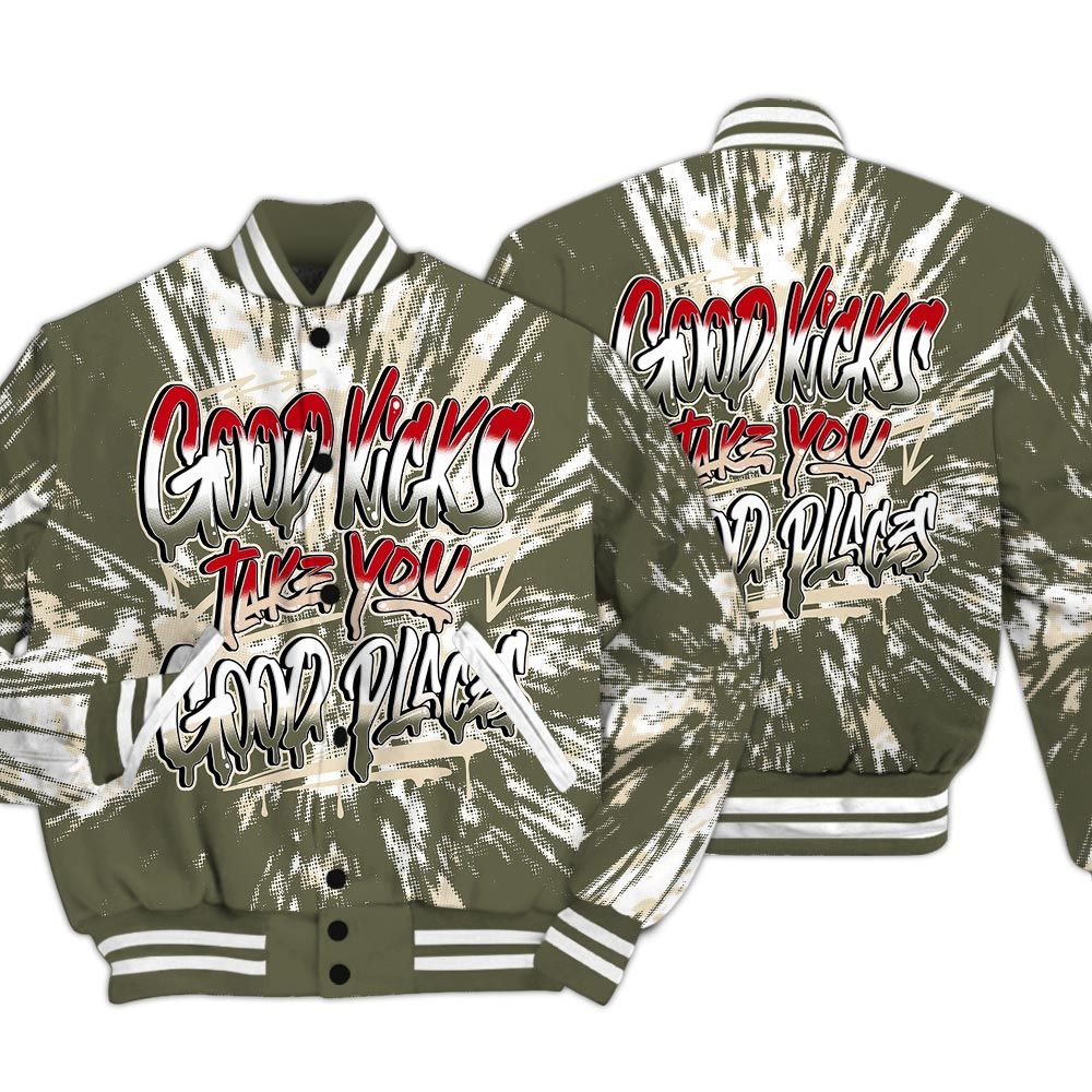Varsity Jacket To Match Low OG Medium Olive 1s - Good Kick Good Places Luxury Varsity Jacket Unisex
