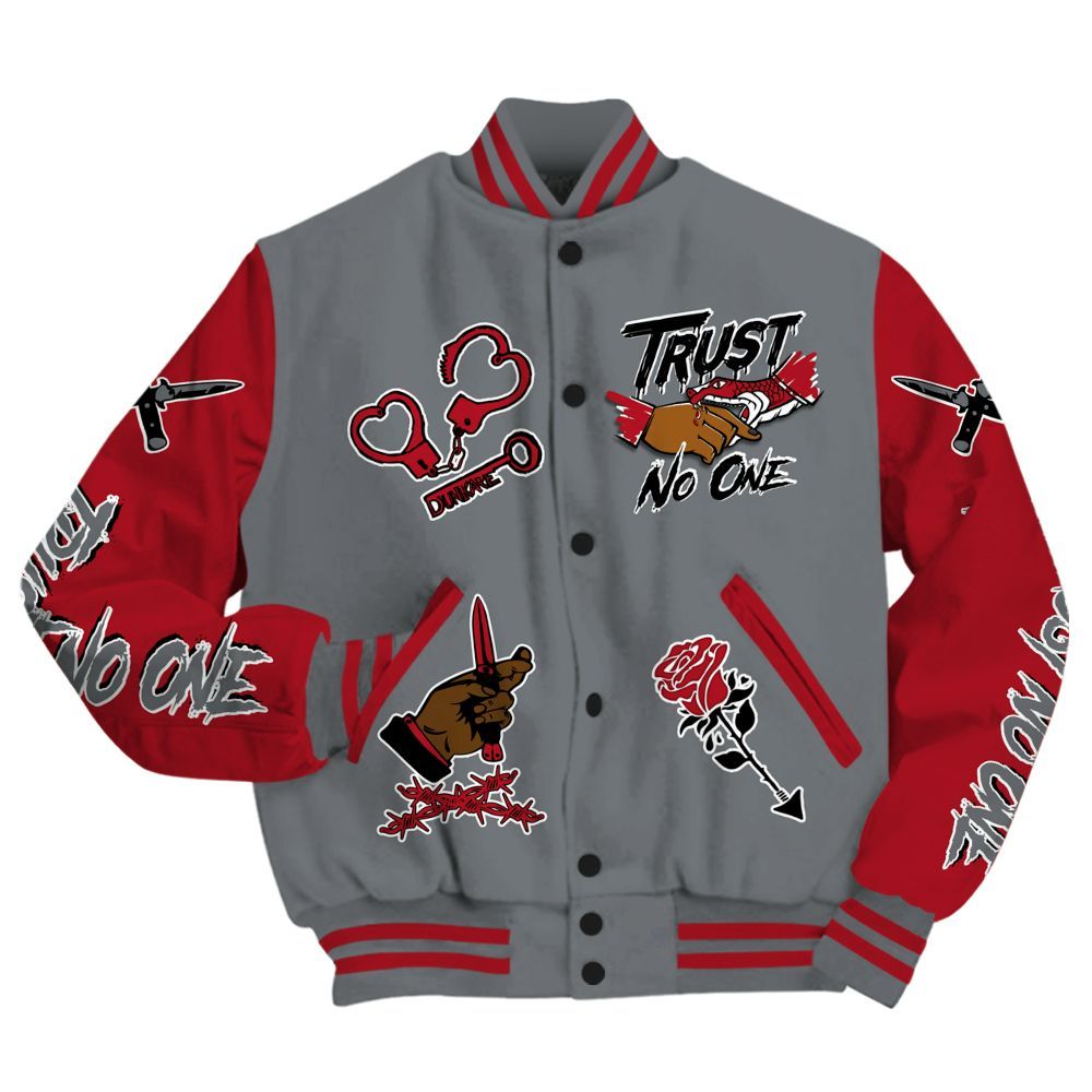 Varsity Jacket To Match Retro Fire Red 9s - Trust No One Dripping All Over Print