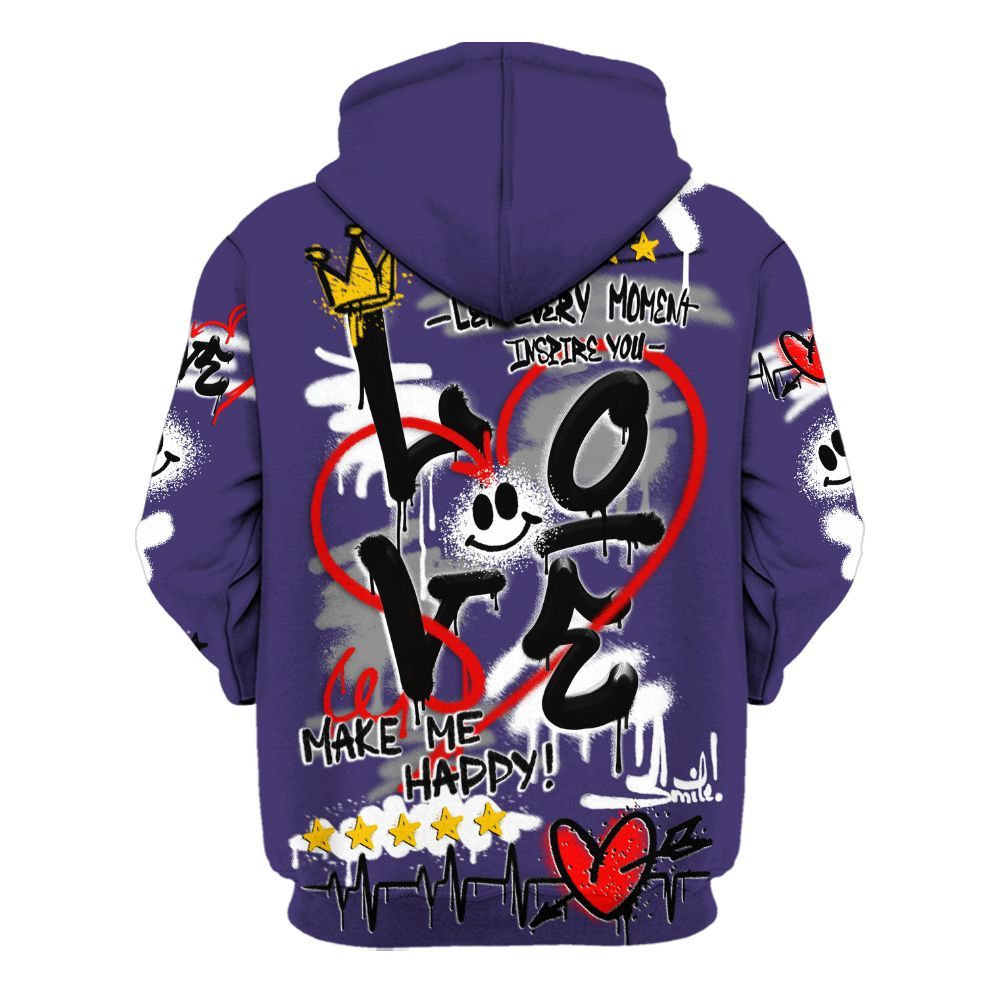 Hoodie To Match Retro Court Purple 13s - Happy Love Beats Graffiti Streetwear All Over Print