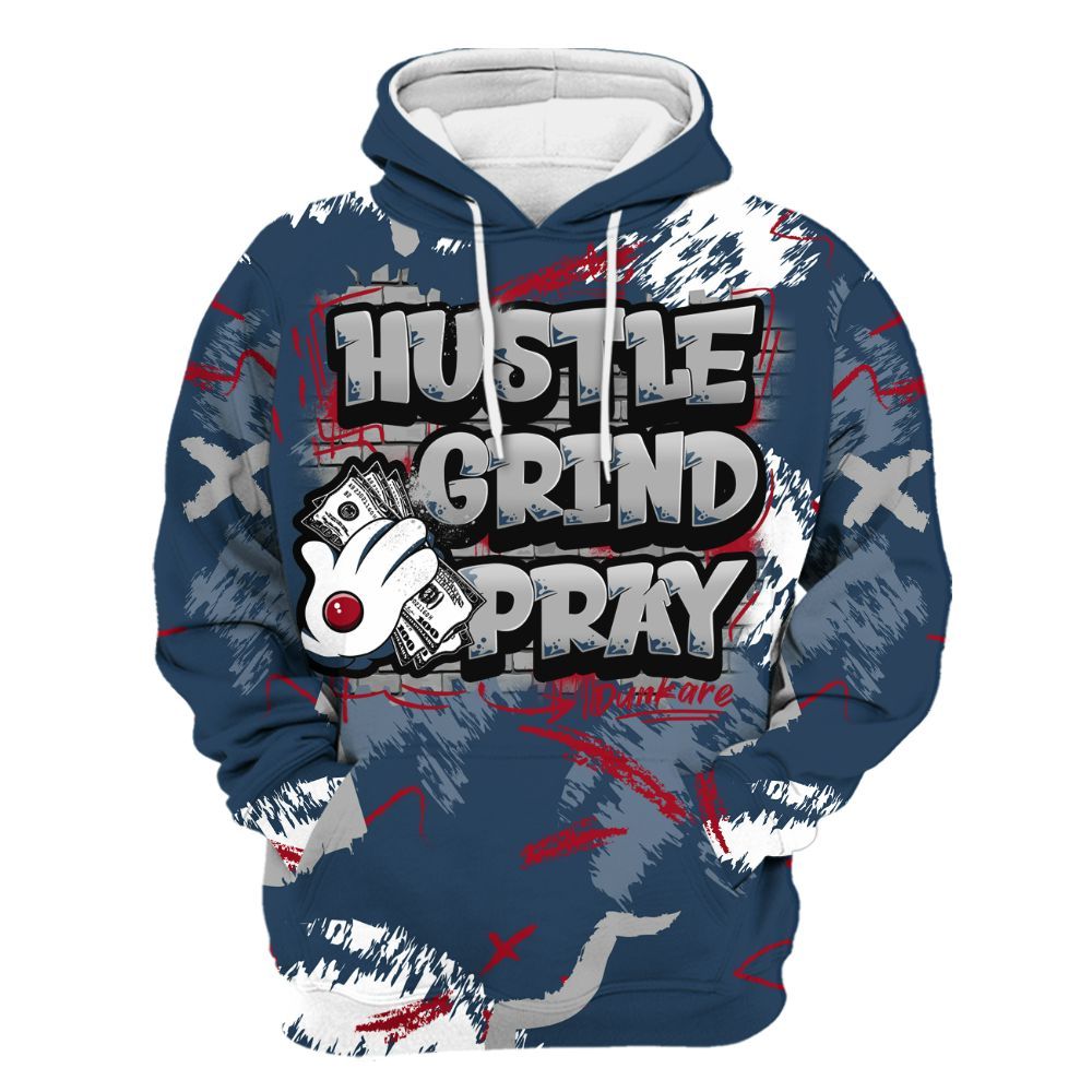 Hoodie To Match Retro French Blue 2025 12s - Hustle Grind Pray All Over Print