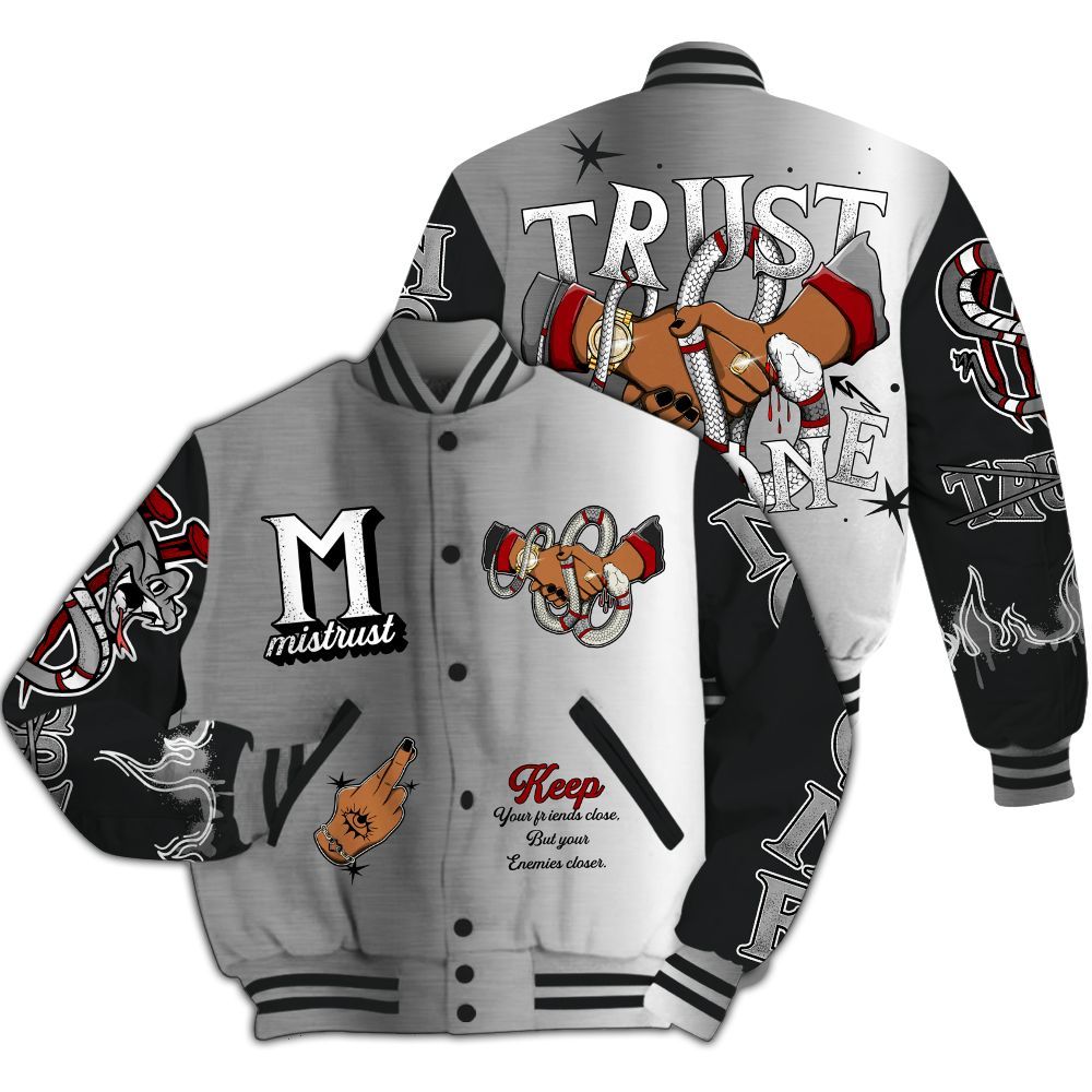 Varsity Jacket To Match Metallic Silver 14s - Trust No One Snake-Bite Street Style All Over Print