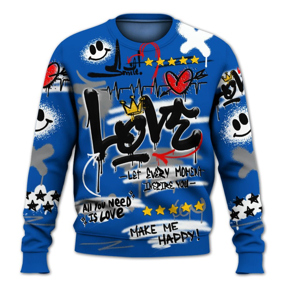Sweatshirt To Match Racer Blue 5s - Happy Love Beats Graffiti Streetwear All Over Print