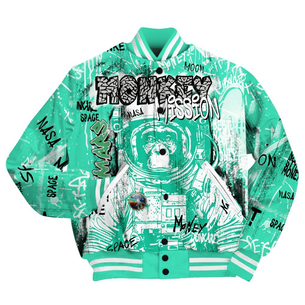 Varsity Jacket To Match Black Green Glow 3s Shirt, Monkey Misson Space Green Glow 3s All Over Print