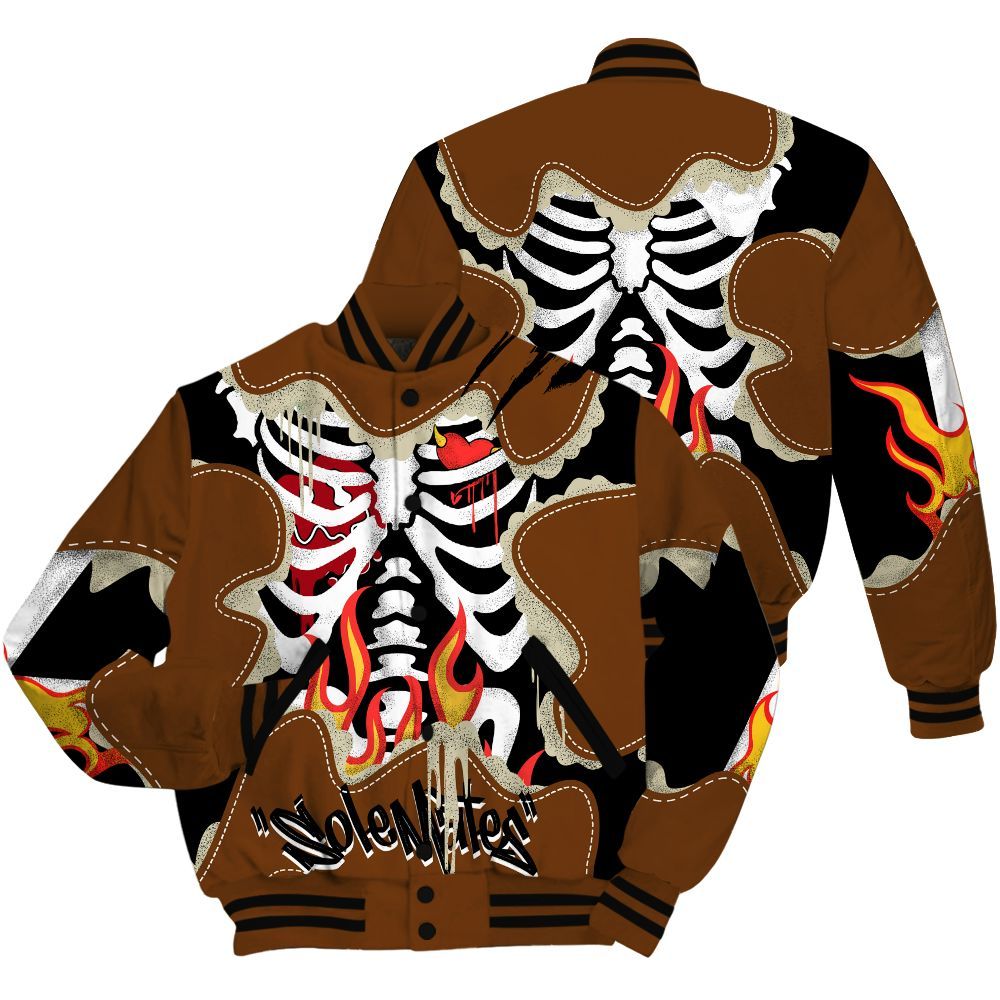 Varsity Jacket To Match Archaeo Brown 5s - Skeleton Burning Heart Drip All Over Print