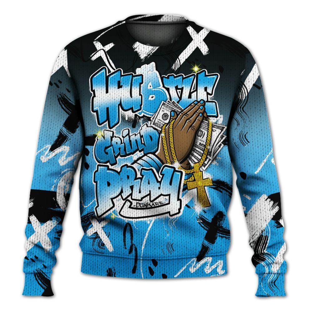 Knitted Sweater To Match Black University Blue 2022 13s - Money Hustle Grind Pray